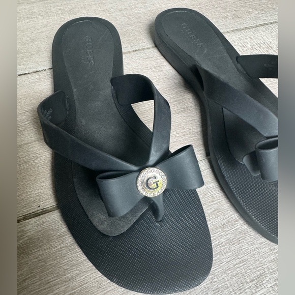 GUESS Bow Black Logo Swarovski Flip Flop Sandals Size 10 - Picture 7 of 9